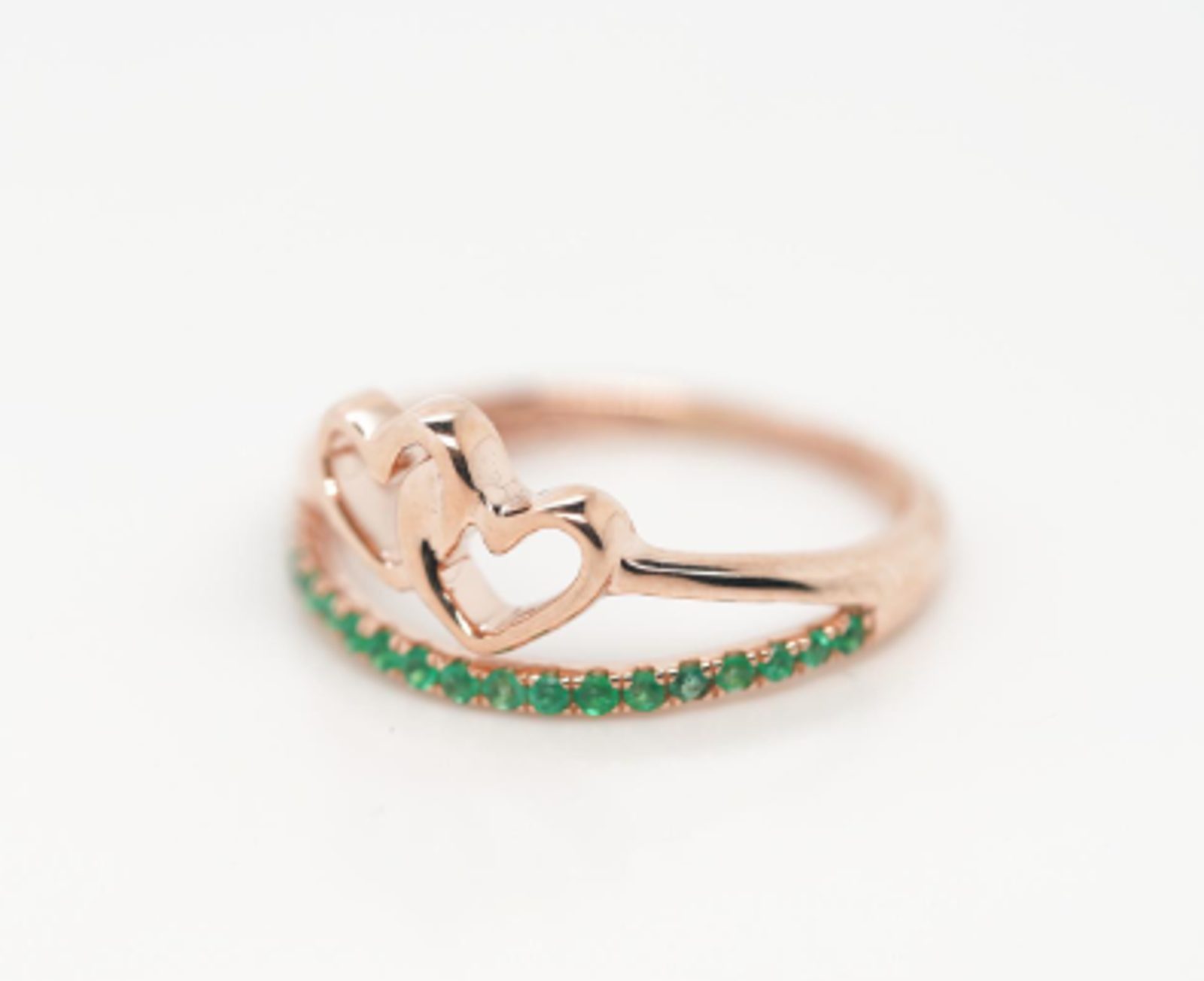 14k rose gold emerald double heart ring