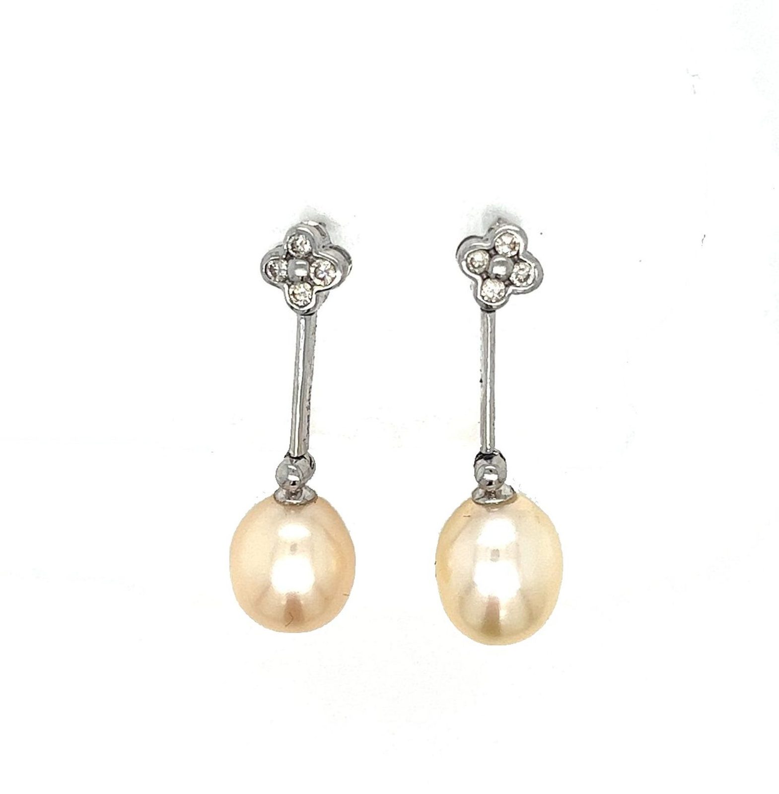 White Gold Floral Pearl Dangle Earrings